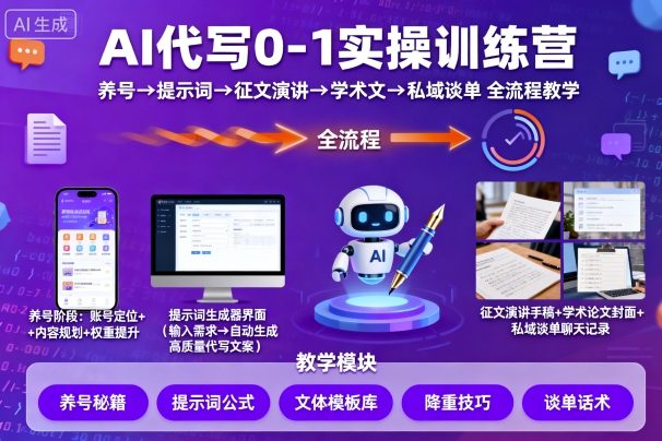 AI代写0-1实操训练营,从养号、提示词、征文演讲、学术文,到私域谈单的全流程教学跨境课程-外贸教程-精品网课-电商运营课库课堂