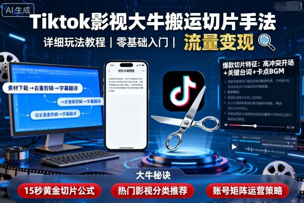 Tiktok影视大牛搬运切片手法，详细玩法教程跨境课程-外贸教程-精品网课-电商运营课库课堂