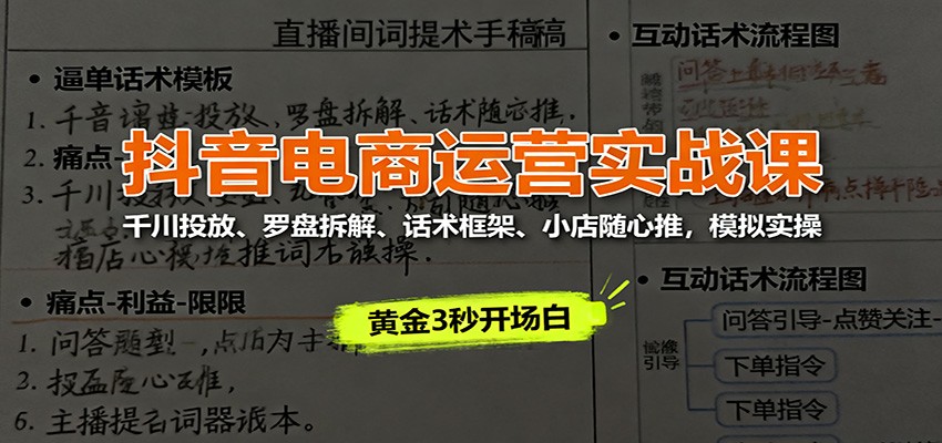 抖音电商运营实战课：千川投放、罗盘拆解、话术框架、小店随心推，模拟实操跨境课程-外贸教程-精品网课-电商运营课库课堂