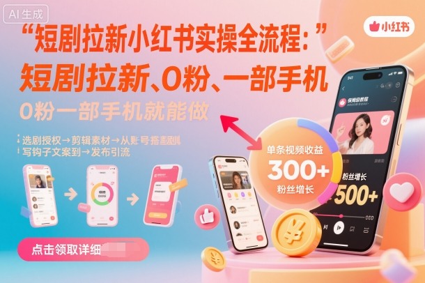 短剧拉新小红书实操全流程,0粉一部手机就可以做,详细教程跨境课程-外贸教程-精品网课-电商运营课库课堂