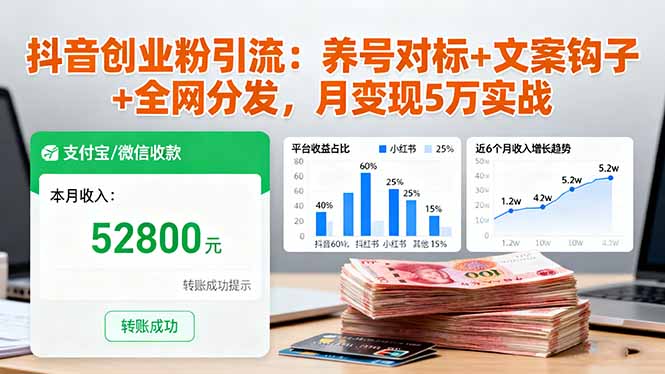 抖音创业粉引流：养号对标+文案钩子+全网分发，月变现5万实战跨境课程-外贸教程-精品网课-电商运营课库课堂
