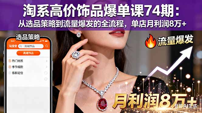 淘系高价饰品爆单课74期：从选品策略到流量爆发的全流程，单店月利润8万+跨境课程-外贸教程-精品网课-电商运营课库课堂