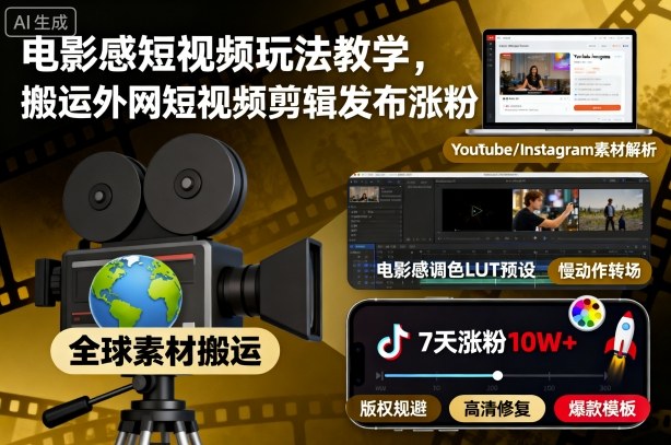 电影感短视频玩法教学,搬运外网短视频剪辑发布涨粉跨境课程-外贸教程-精品网课-电商运营课库课堂