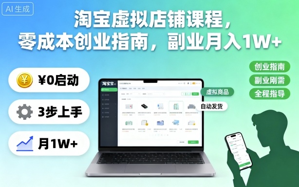 淘宝虚拟店铺课程,零成本创业指南,副业月入1W+跨境课程-外贸教程-精品网课-电商运营课库课堂