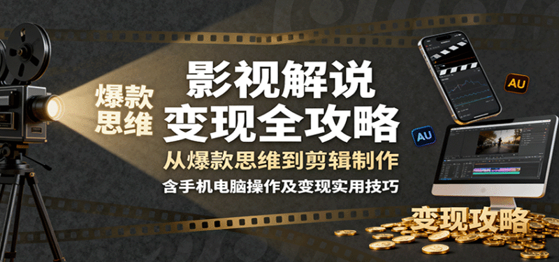 影视解说变现全攻略：从爆款思维到剪辑制作，含手机电脑操作及变现实用技巧跨境课程-外贸教程-精品网课-电商运营课库课堂