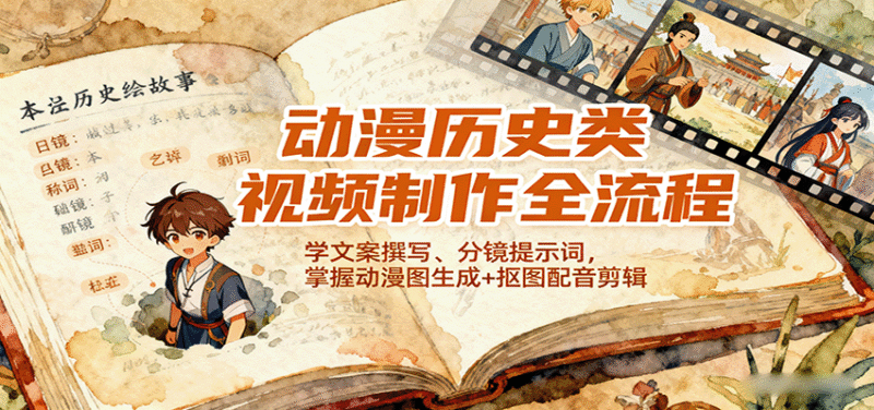 动漫历史类视频制作全流程，学文案撰写、分镜提示词，掌握动漫图生成+抠图配音剪辑跨境课程-外贸教程-精品网课-电商运营课库课堂