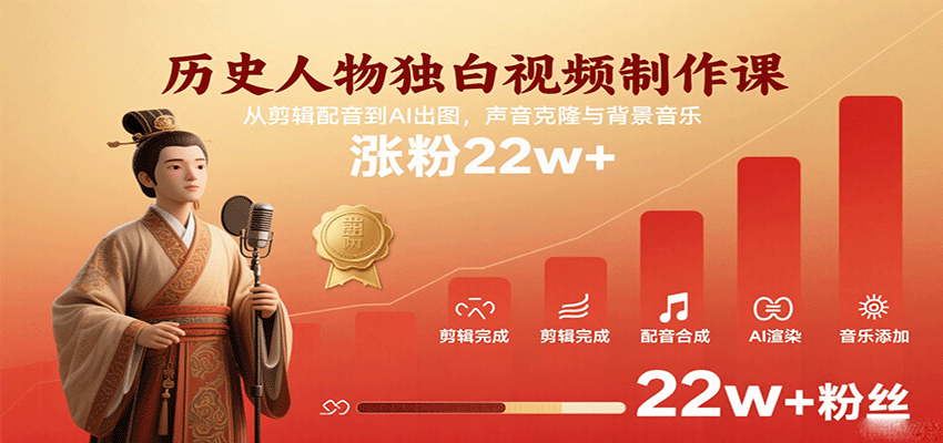 历史人物独白视频制作课，从剪辑配音到AI出图，声音克隆与背景音乐，涨粉22w+跨境课程-外贸教程-精品网课-电商运营课库课堂