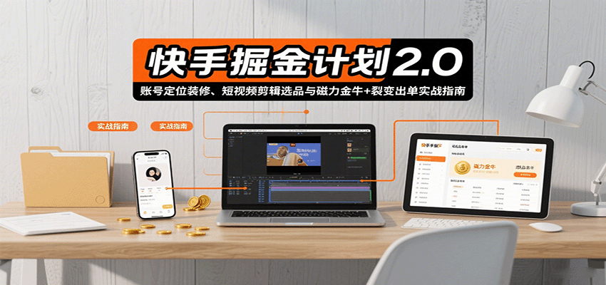 快手掘金计划2.0，账号定位装修、短视频剪辑选品与磁力金牛+裂变出单实战指南跨境课程-外贸教程-精品网课-电商运营课库课堂