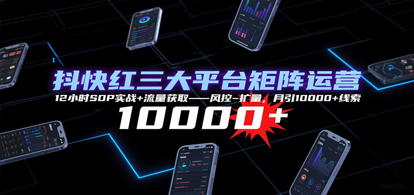 抖快红三大平台矩阵运营，12小时SOP实战+流量获取-风控-扩量，月引10000+线索跨境课程-外贸教程-精品网课-电商运营课库课堂