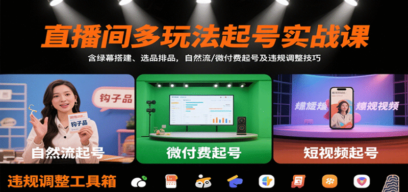 直播间多玩法起号实战课：含绿幕搭建、选品排品，自然流/微付费起号及违规调整技巧跨境课程-外贸教程-精品网课-电商运营课库课堂