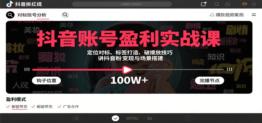 抖音账号盈利实战课，定位对标、标签打造、破播放技巧，讲涨粉变现与场景搭建跨境课程-外贸教程-精品网课-电商运营课库课堂