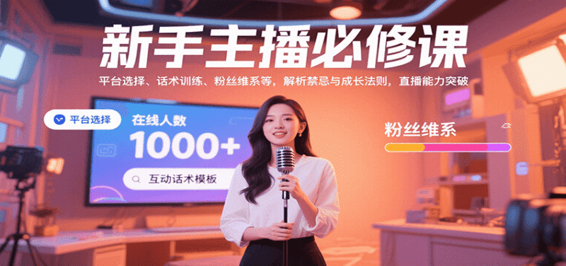 新手主播必修课：平台选择、话术训练、粉丝维系等，解析禁忌与成长法则，突破直播能力跨境课程-外贸教程-精品网课-电商运营课库课堂