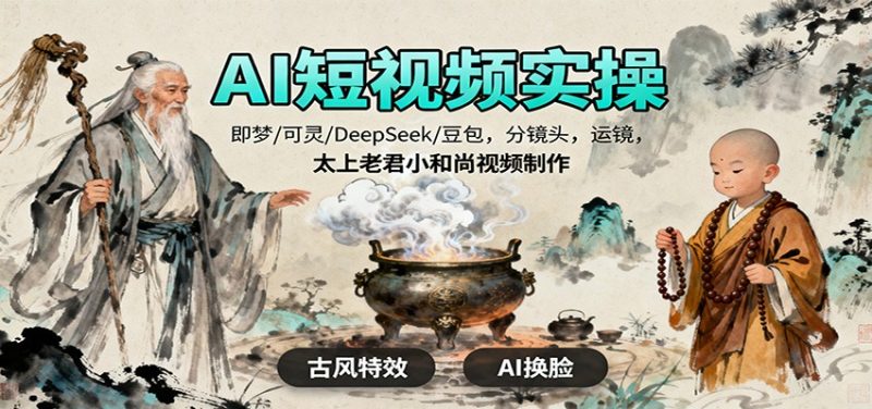 AI短视频实操，即梦/可灵/DeepSeek/豆包，分镜头，运镜，太上老君小和尚视频制作跨境课程-外贸教程-精品网课-电商运营课库课堂
