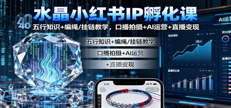 水晶小红书IP孵化课：五行知识+编绳/挂链教学，口播拍摄+AI运营+直播变现跨境课程-外贸教程-精品网课-电商运营课库课堂