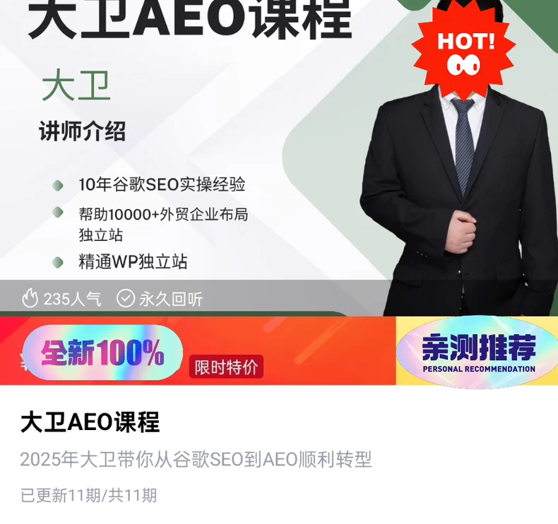 大卫2025谷歌AEO课程,从谷歌SEO到AEO顺利转型