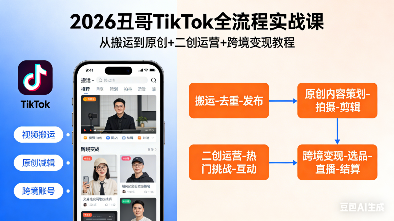 2026 丑哥 TikTok 全流程实战课｜从搬运到原创 + 二创运营 + 跨境变现教程跨境课程-外贸教程-精品网课-电商运营课库课堂