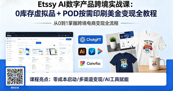 Etsy AI 数字产品跨境实战课：0 库存虚拟品 + POD 按需印刷美金变现全教程 - 课库课堂跨境课程-外贸教程-精品网课-电商运营课库课堂
