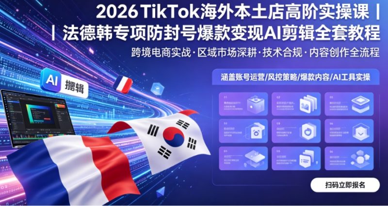 2026TikTok 海外本土店高阶实操课｜法德韩专项防封号爆款变现 AI 剪辑全套教程跨境课程-外贸教程-精品网课-电商运营课库课堂